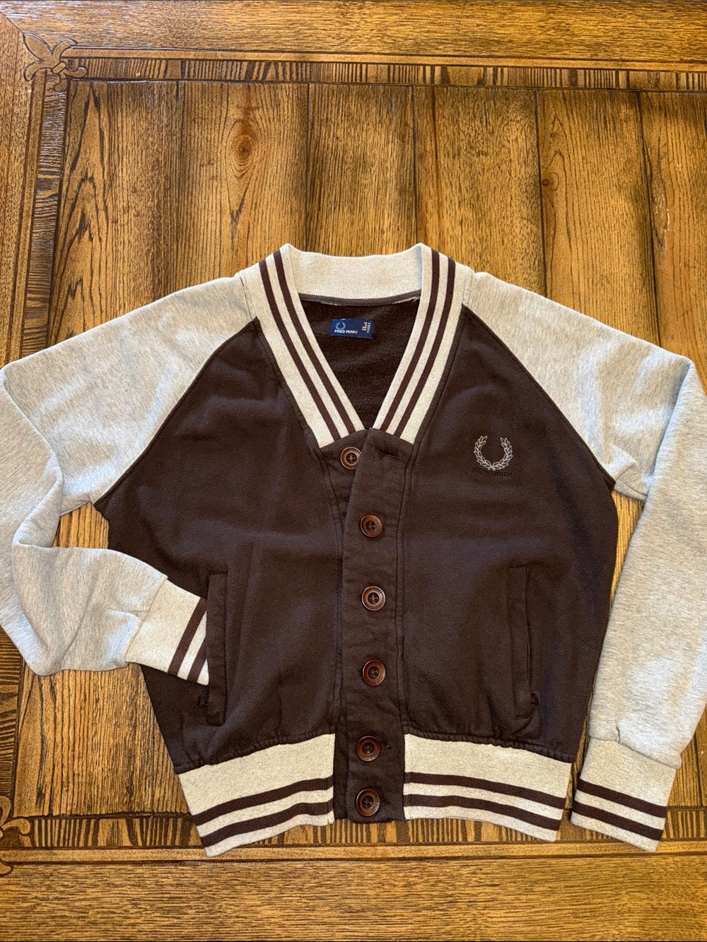 Fred Perry Brown & Gray Cardigan Styled Varsity Bomber Sweatshirt Jacket 2011